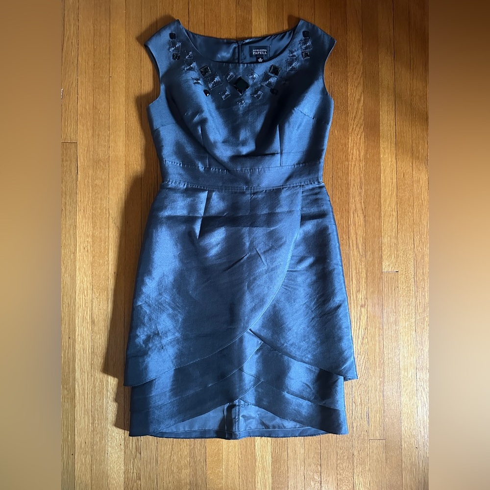 Adrianna Papell Pewter Grey Silk Satin Cocktail Dress with embroidery, Size 10